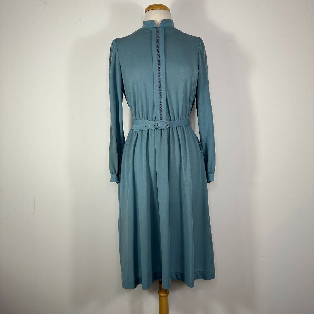 Vtg 80s David Warren Mock Neck Belted Waist Midi Dress Gray Sz 10 Long Sleeve